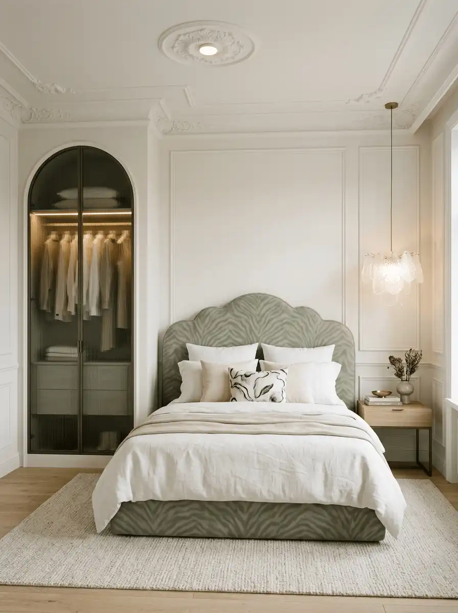 Маленькая спальня 10–12 м² со светлой палитрой, встроенным шкафом до потолка, мягкой кроватью, легким текстилем и подвесным светильником.