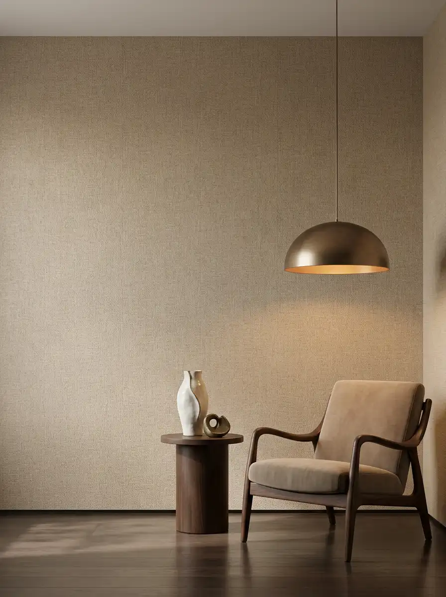 Однотонная окрашенная стена сложного оттенка в современном интерьере.