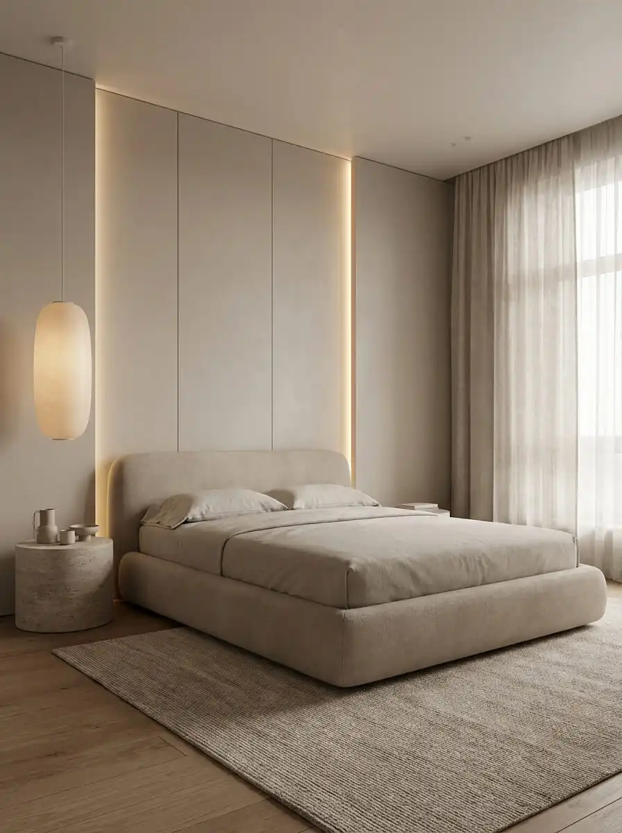 Современная спальня в природных бежевых тонах с мягкой кроватью, подвесным светильником, текстилем и деликатной скрытой подсветкой