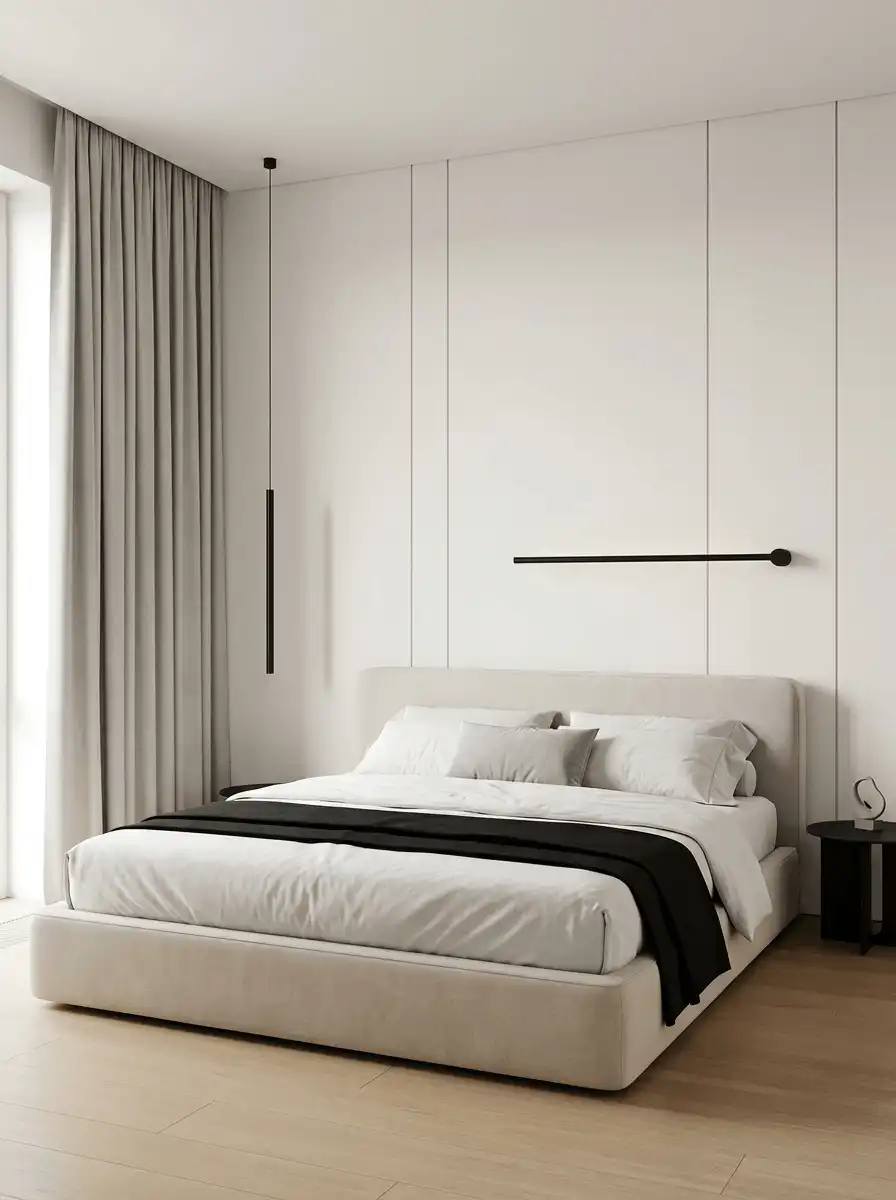 Минималистичная спальня с мягкой светлой кроватью, белыми панелями, черными светильниками, светлым полом и монохромным текстилем.