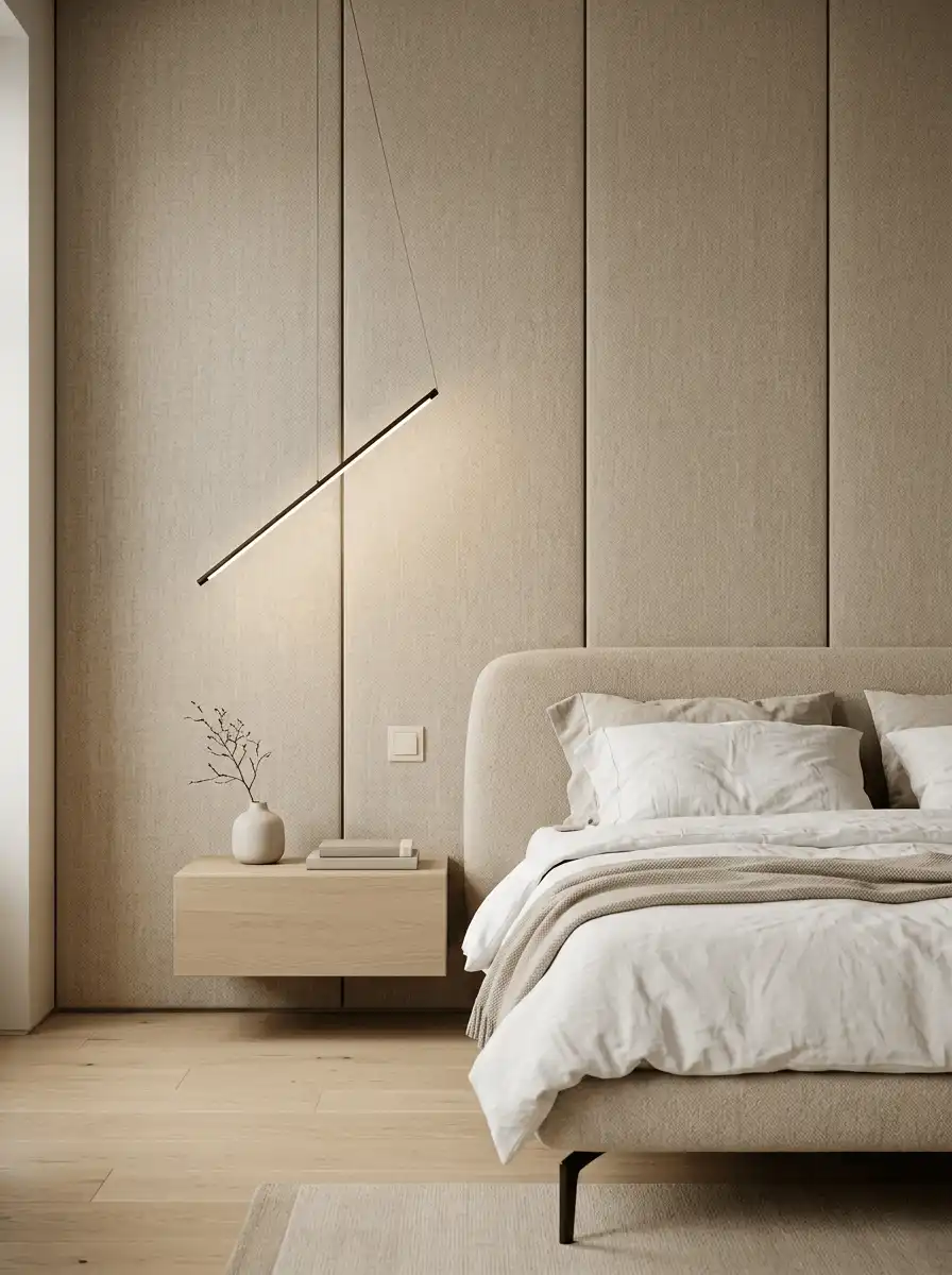 Минималистичная спальня с фактурной бежевой стеной, подвесной тумбой, светлой кроватью, деревянными акцентами и тонким светильником.
