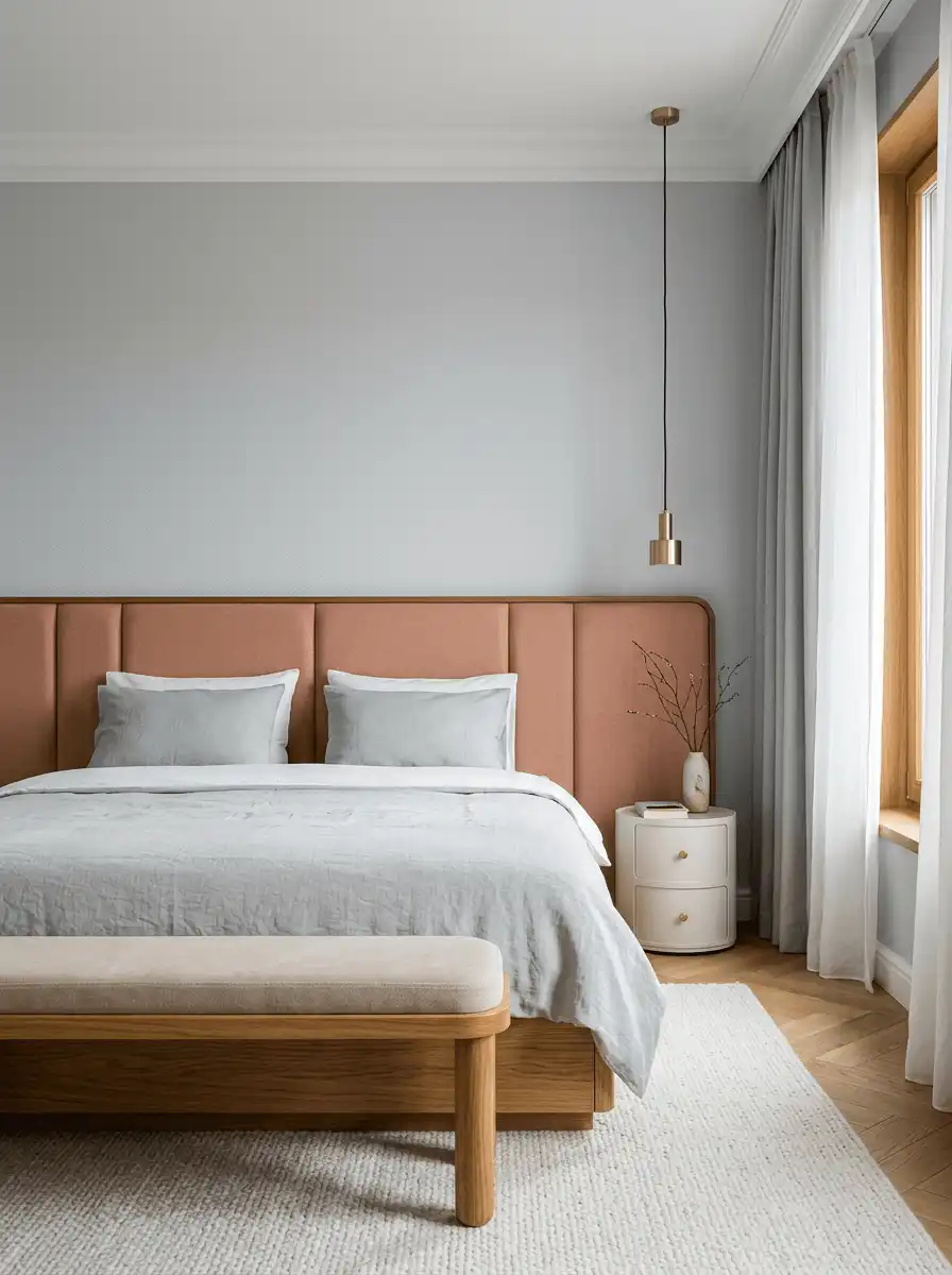 Пастельная спальня с пыльно-розовым изголовьем, светло-серыми стенами, мягким текстилем, светлой банкеткой и подвесным светильником.