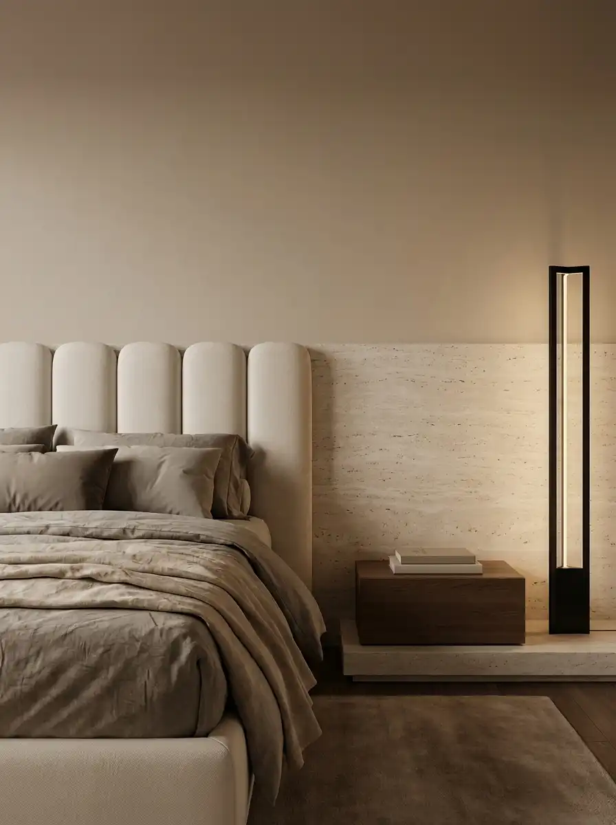 Бежевая спальня с фигурным арочным изголовьем, травертиновой стеной и чёрным торшером