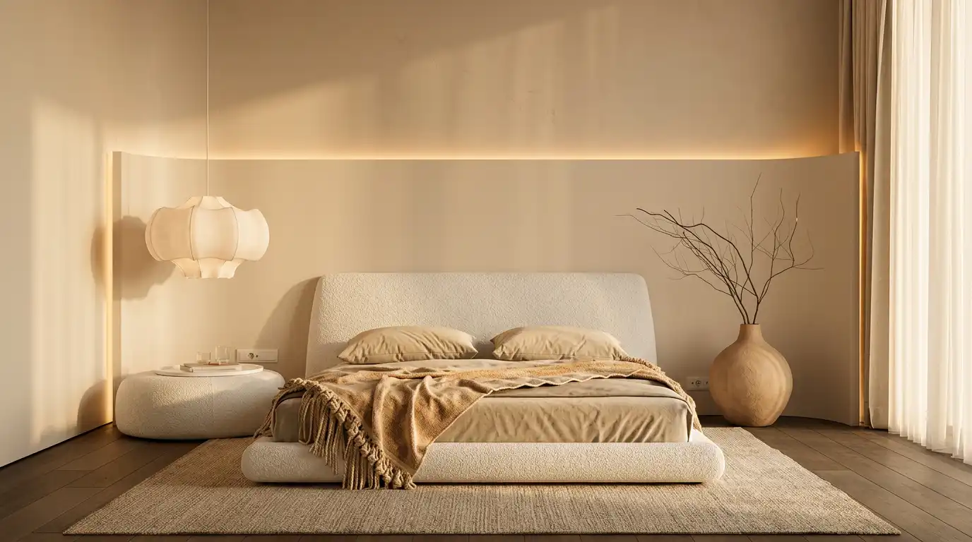 Минималистичная бежевая спальня со скрытой LED-подсветкой и бумажным подвесом