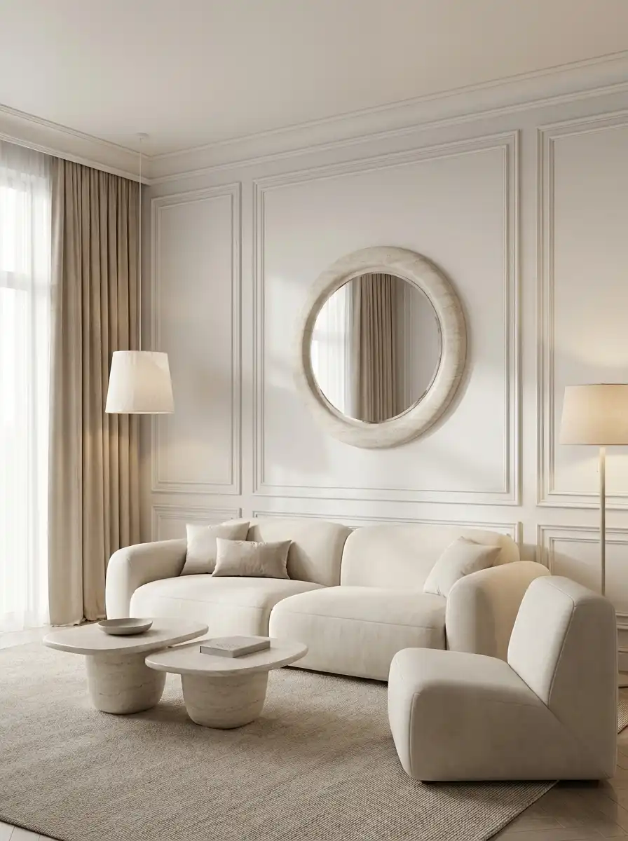 Уютная спальня в тёплых бежевых тонах с тканевым изголовьем, подвесными светильниками-шарами и деревянными рейками