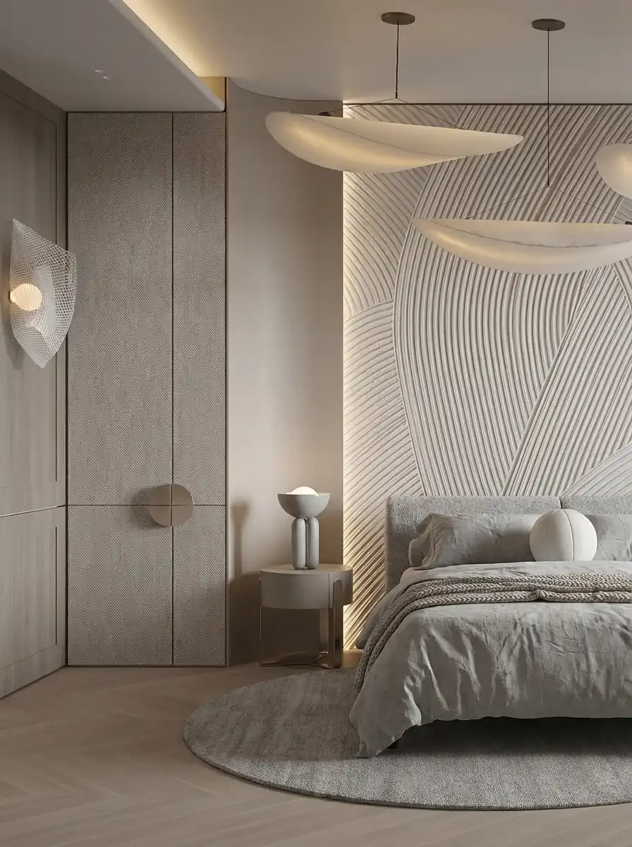 Дизайнерская спальня в бежево-серых тонах с рельефной текстурной панелью и подвесными светильниками