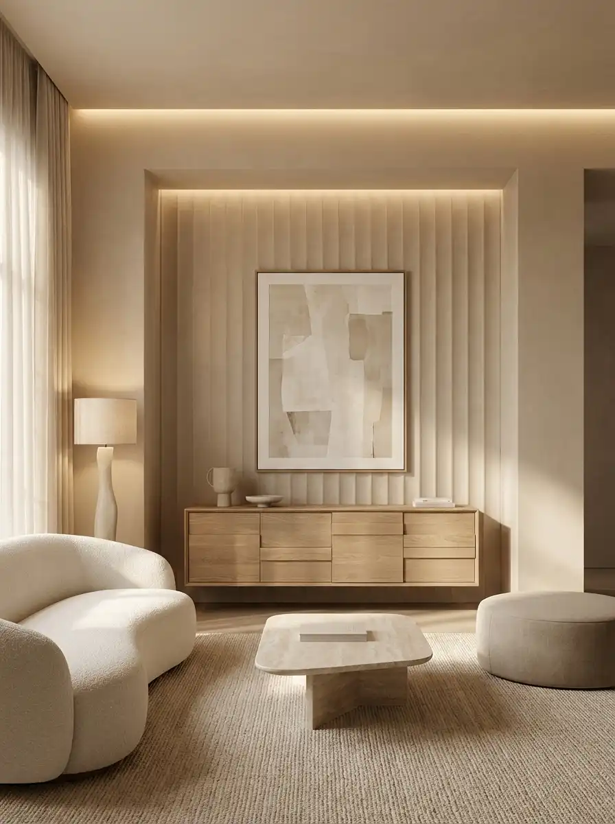 Зона отдыха в бежевых тонах с криволинейным диваном букле, комодом и рифлёными панелями