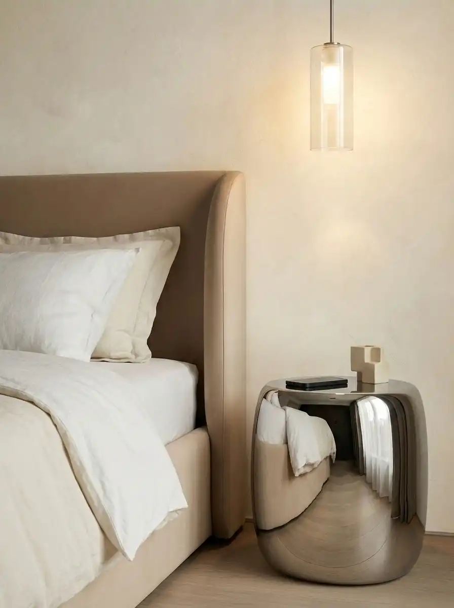 Деталь спальни — мягкое изголовье, стеклянный подвес и зеркальная хромированная тумба