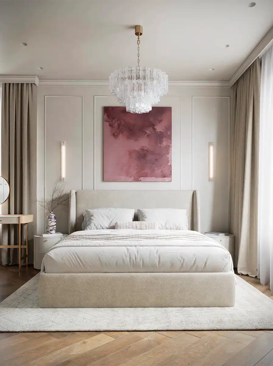 Классическая спальня с хрустальной люстрой на цепи, молдингами, розовой картиной и паркетом ёлочкой