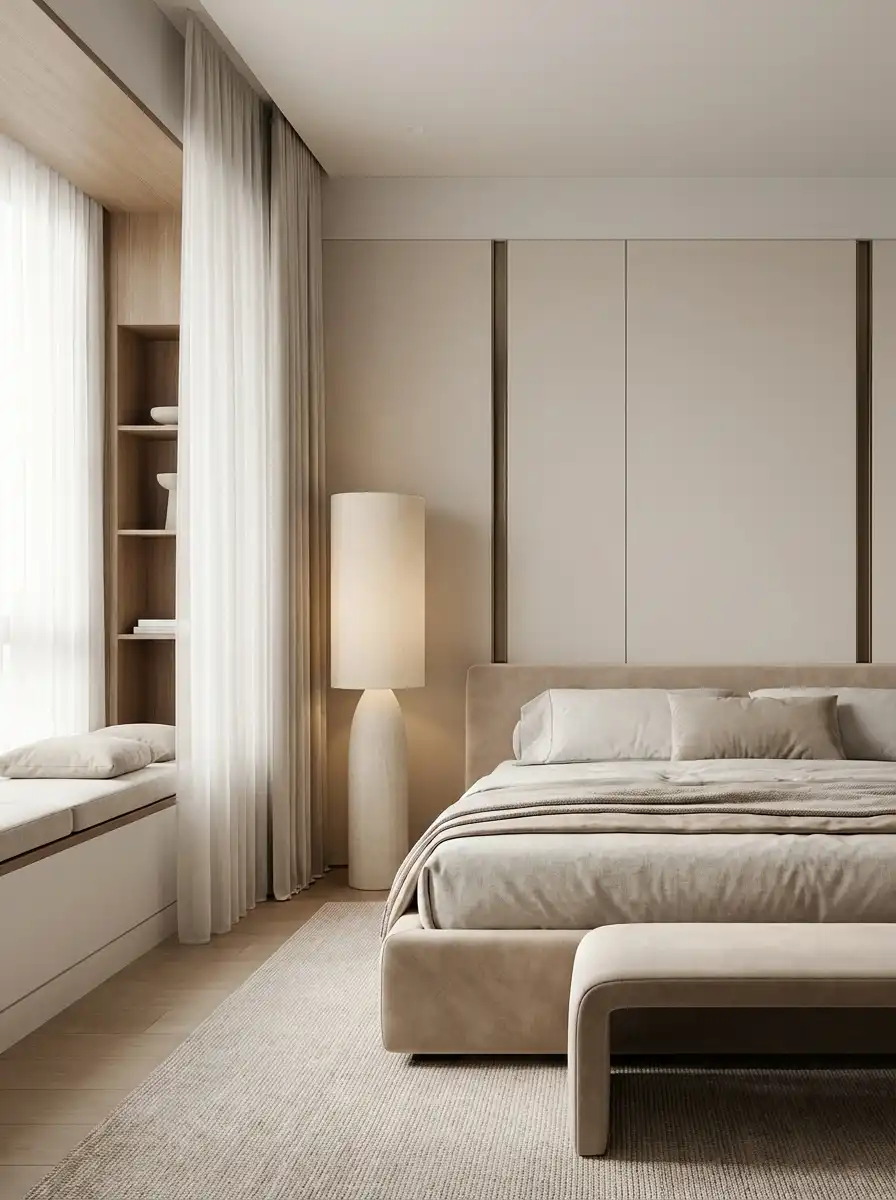 Современная компактная спальня с мягкими стеновыми панелями и встроенными полками у окна