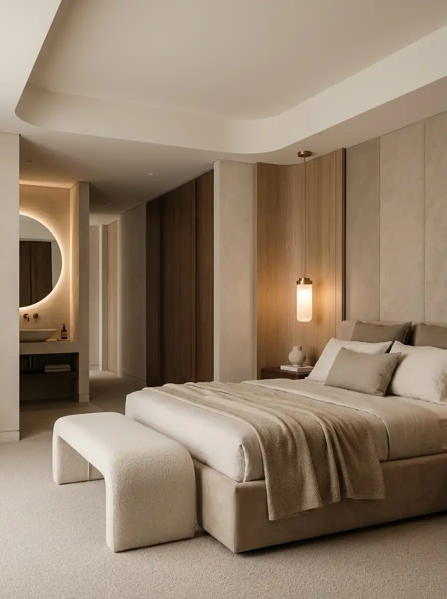 Люксовая спальня с деревянными панелями за изголовьем и проходом в ванную с зеркалом