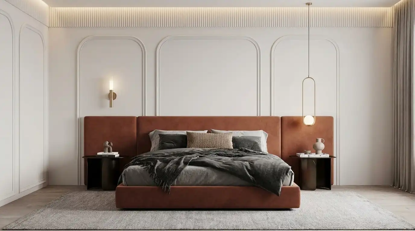 Минималистичная белая спальня с окном в пол, белыми шторами, ротанговым стулом и зелёным растением