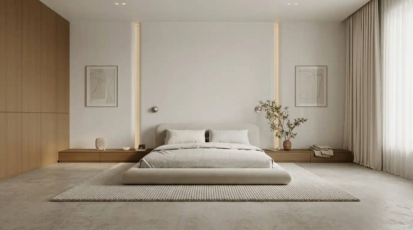 Просторная минималистичная спальня с дубовым встроенным шкафом и LED-подсветкой