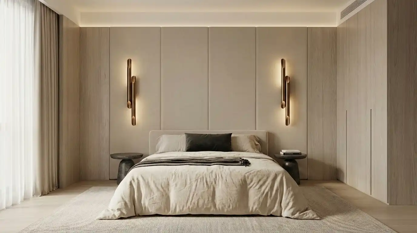 Просторная минималистичная спальня с кремовыми стенами, деревянной тумбой и окном с видом на зелень