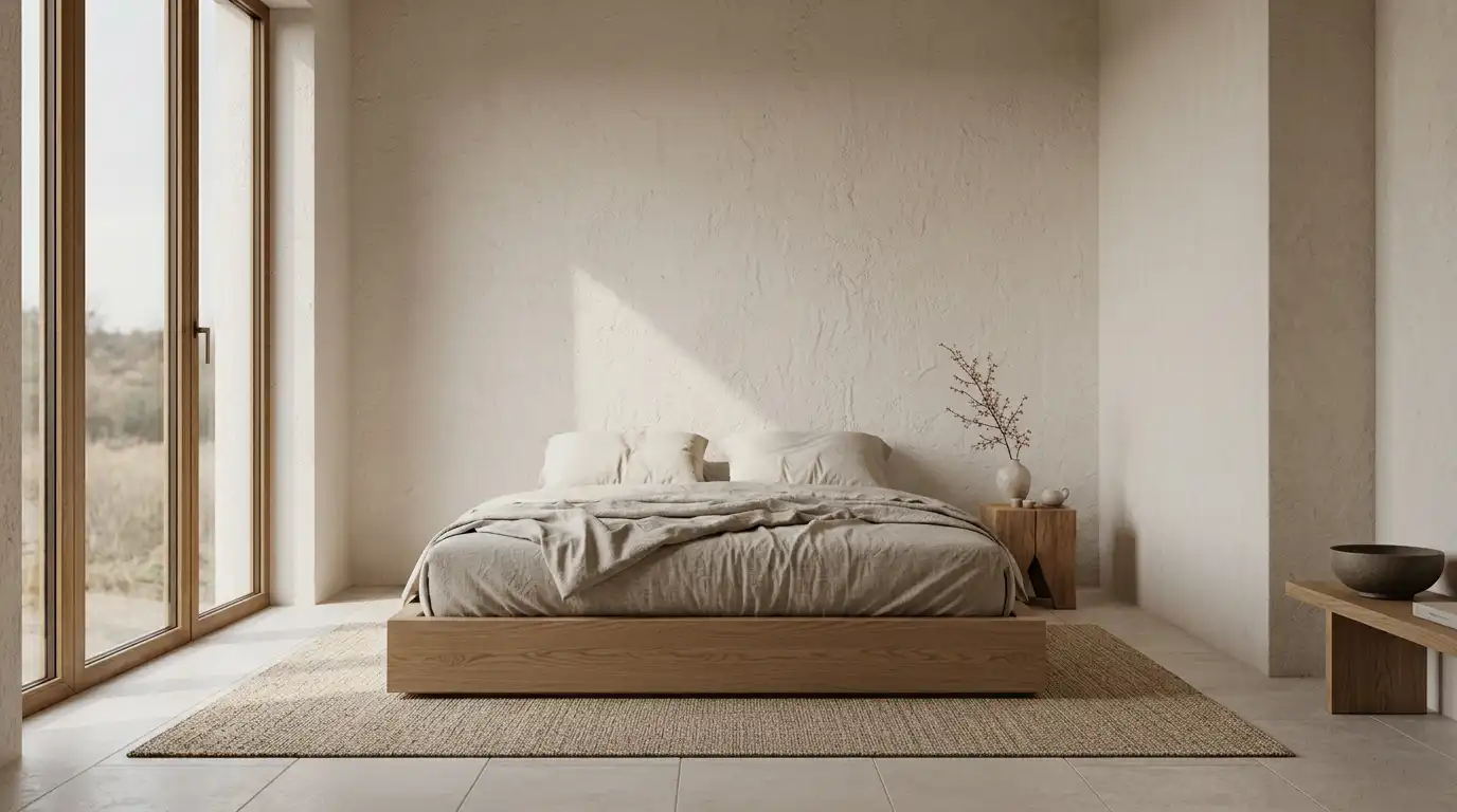 Минималистичная спальня с кроватью на деревянном подиуме и панорамным окном