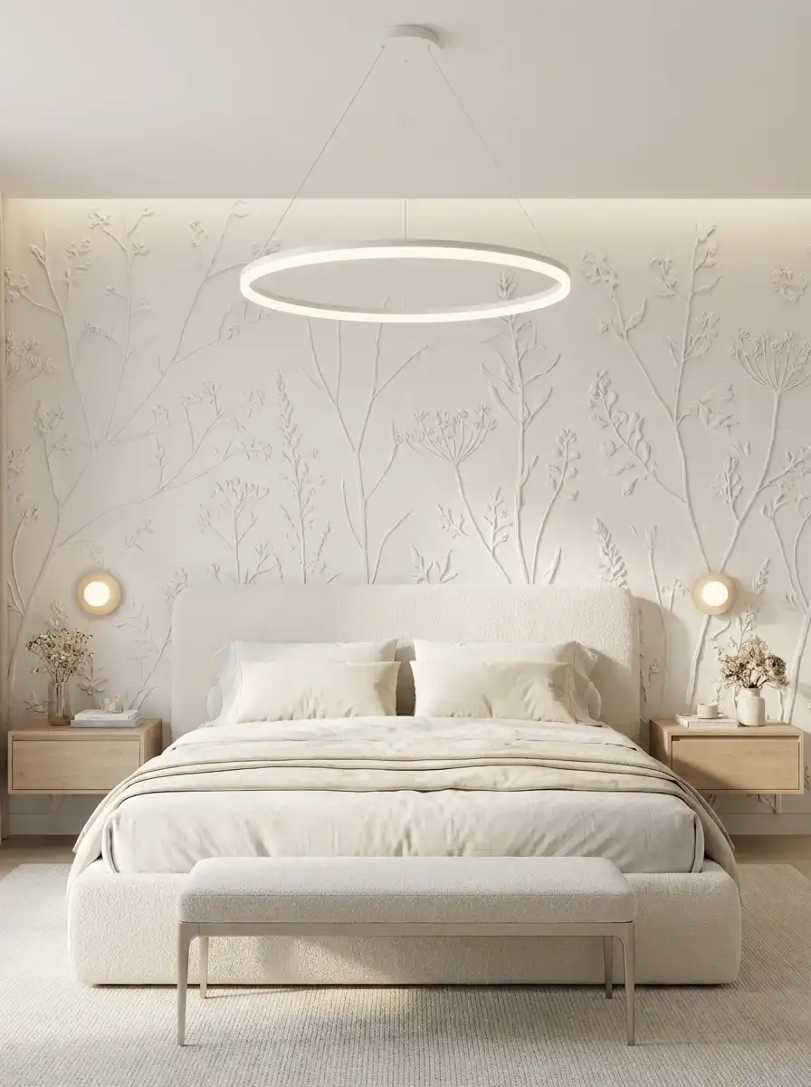 Минималистичная спальня с широким мягким изголовьем, бежевыми стенами и настенным бра