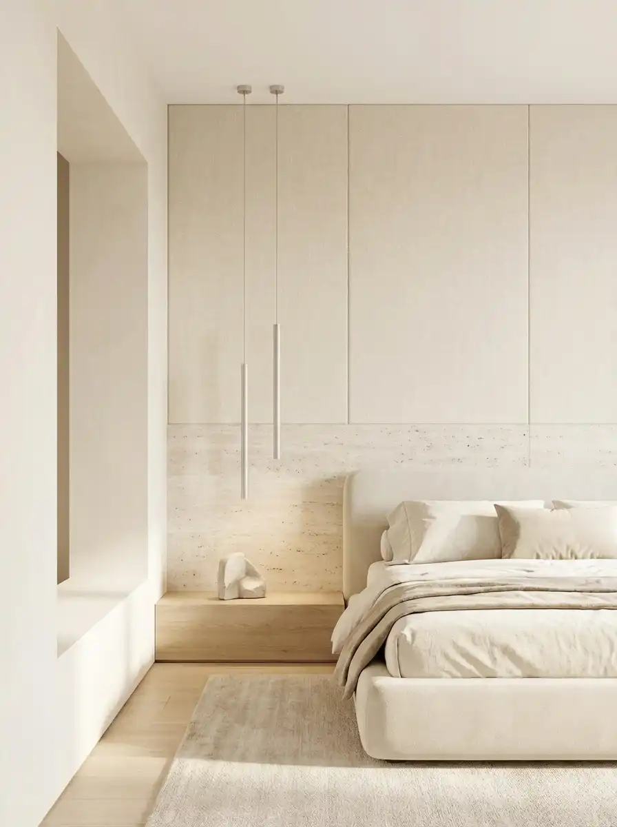 Минималистичная спальня в молочных тонах с травертиновой стеной и подвесными светильниками