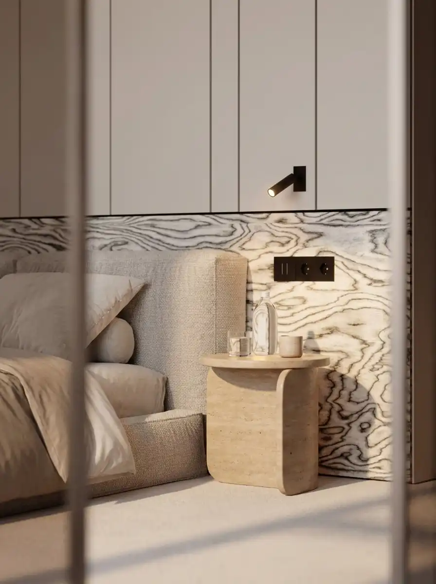 Деталь спальни через стеклянную перегородку — мраморная стена, каменная тумба и чёрный спот