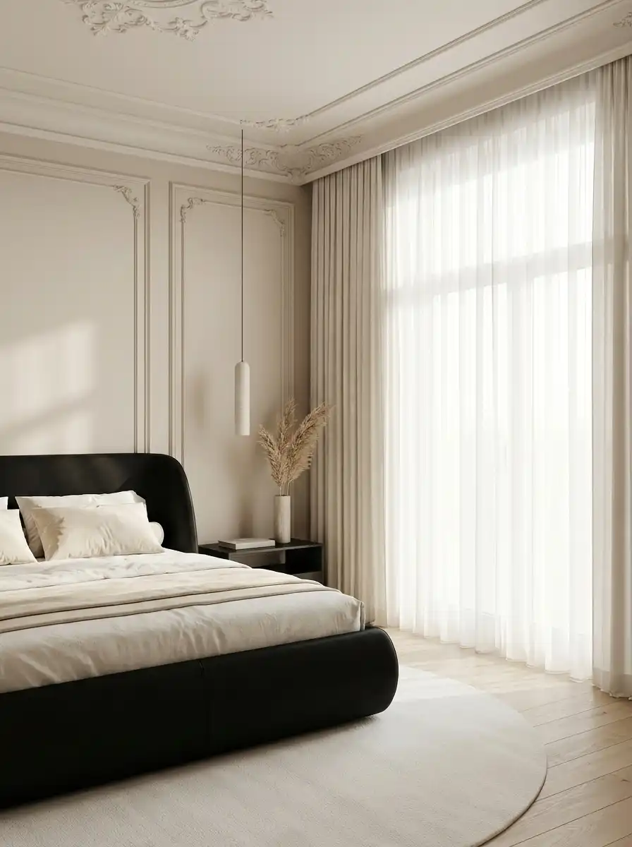 Неоклассическая спальня с чёрной кожаной кроватью, потолочной лепниной и подвесным светильником