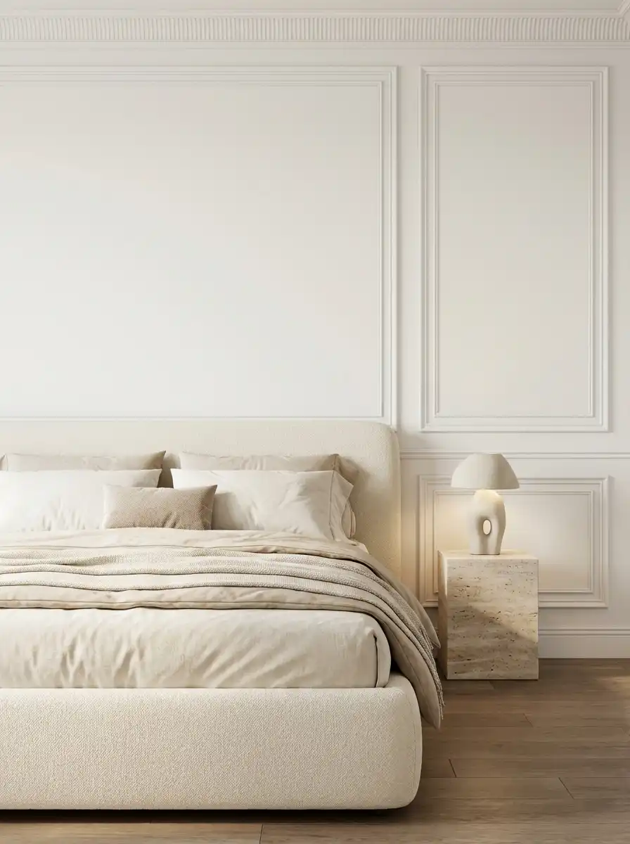 Неоклассическая спальня с молдингами, тумбой из травертина и скульптурной керамической лампой