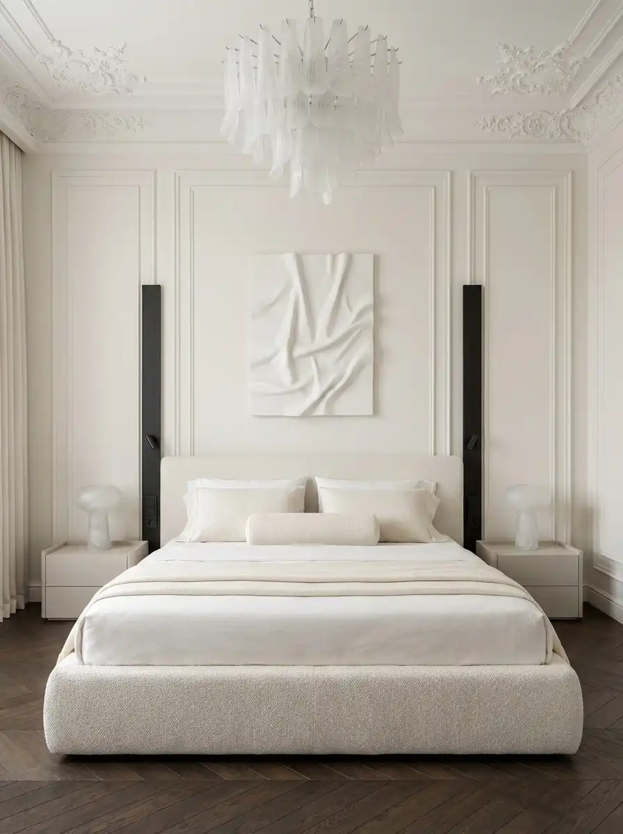 Белая неоклассическая спальня с потолочной лепниной, хрустальной люстрой и паркетом ёлочкой