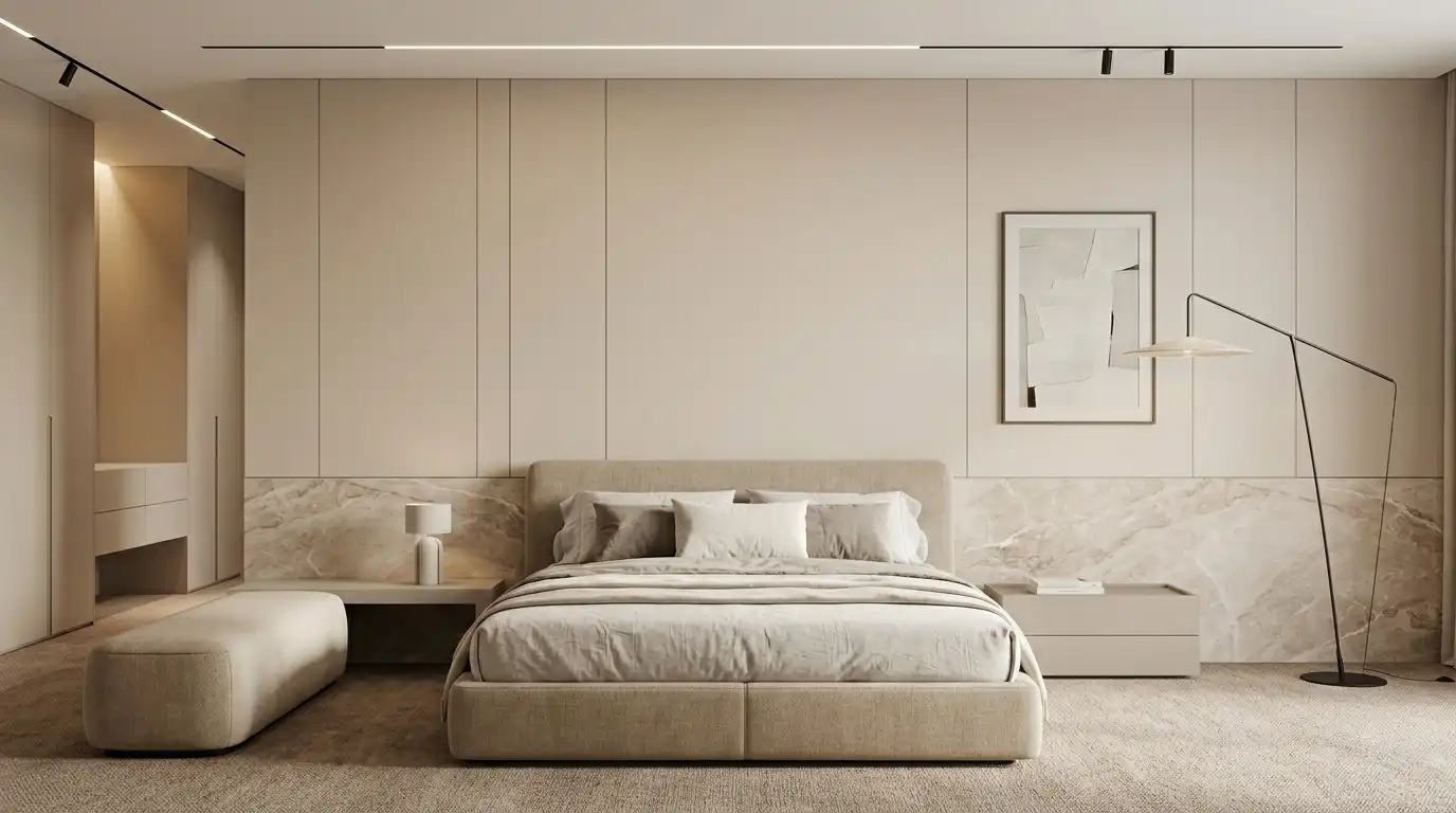 Просторная бежевая спальня с мраморной акцентной стеной за изголовьем