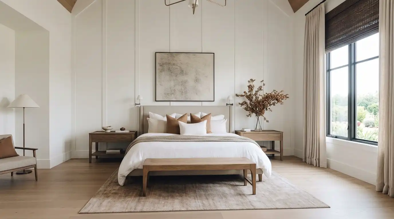 Просторная белая спальня с деревянными потолочными балками и кожаным креслом