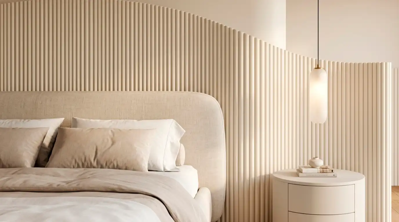 Деталь спальни — деревянные рейки-баффели на стене, букле-изголовье и подвесной светильник