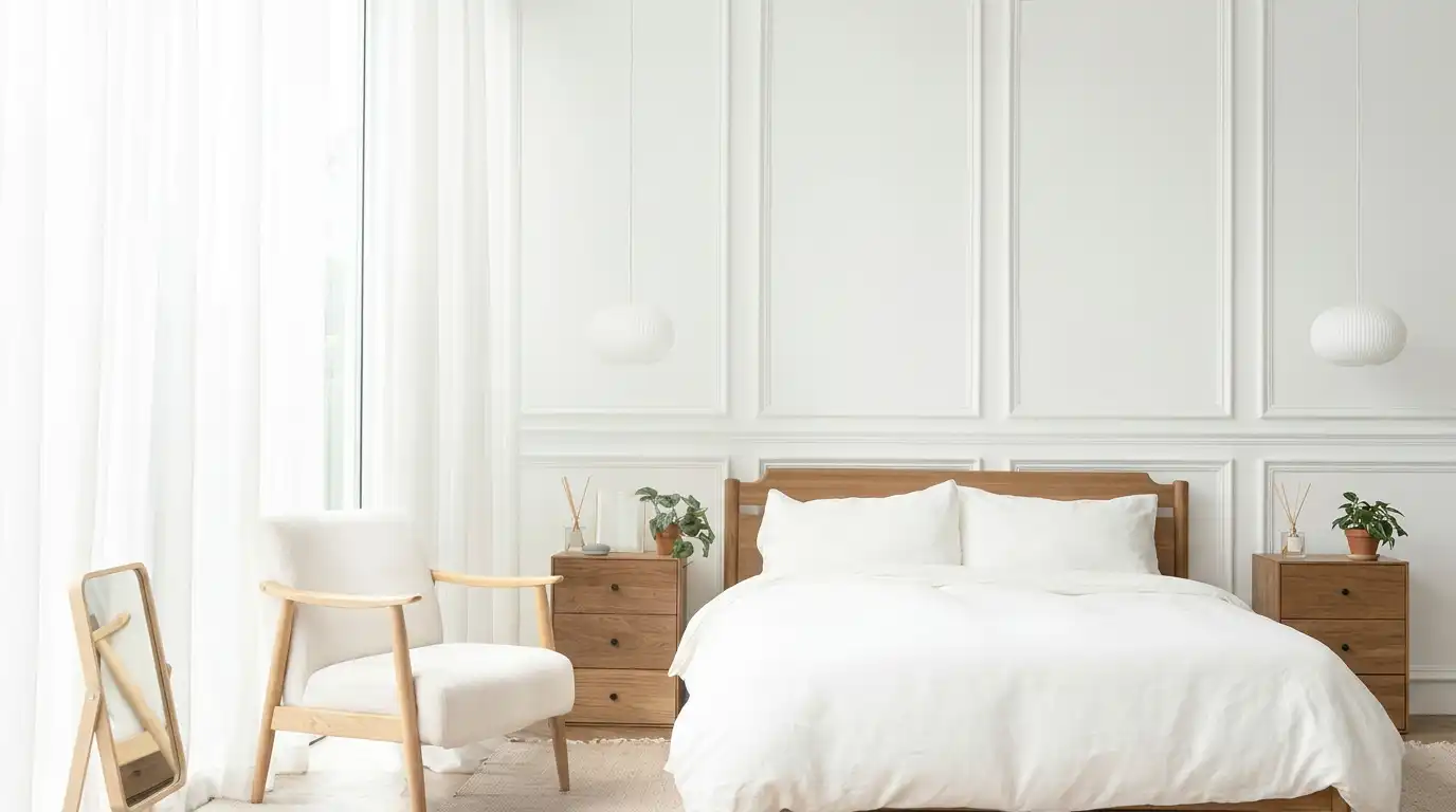 Белая спальня в скандинавском стиле с деревянной мебелью из дуба и молдингами