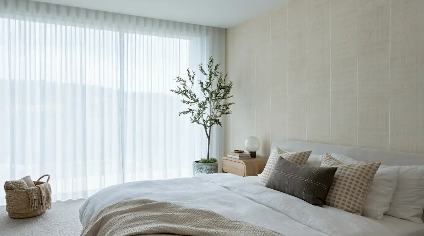 Спальня в стиле сканди с текстурными стеновыми панелями и живой оливой у окна