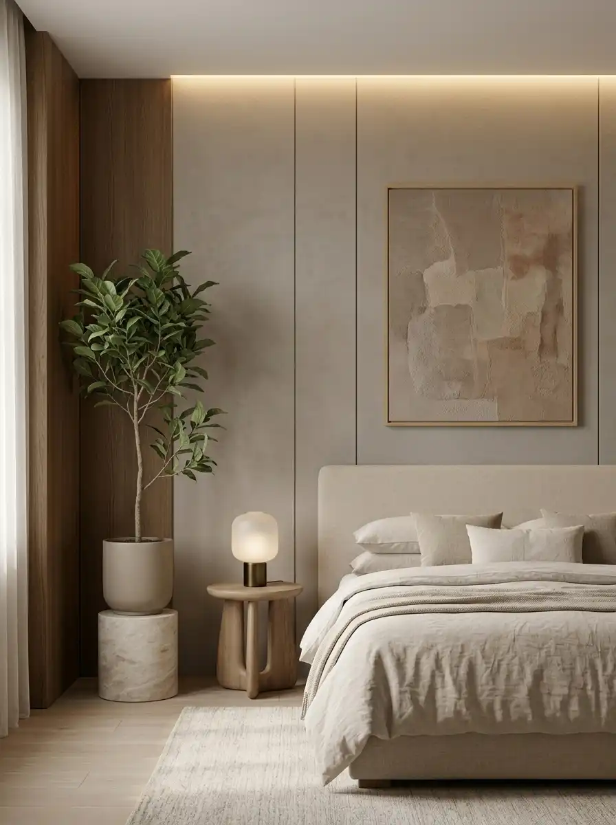 Светлая спальня с деревянной акцентной стеной, абстрактной картиной и живым растением