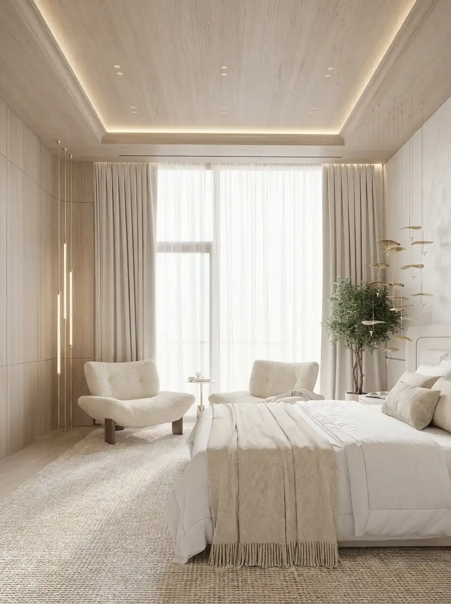 Светлая спальня с деревянным потолком, LED-подсветкой и парой белых кресел букле