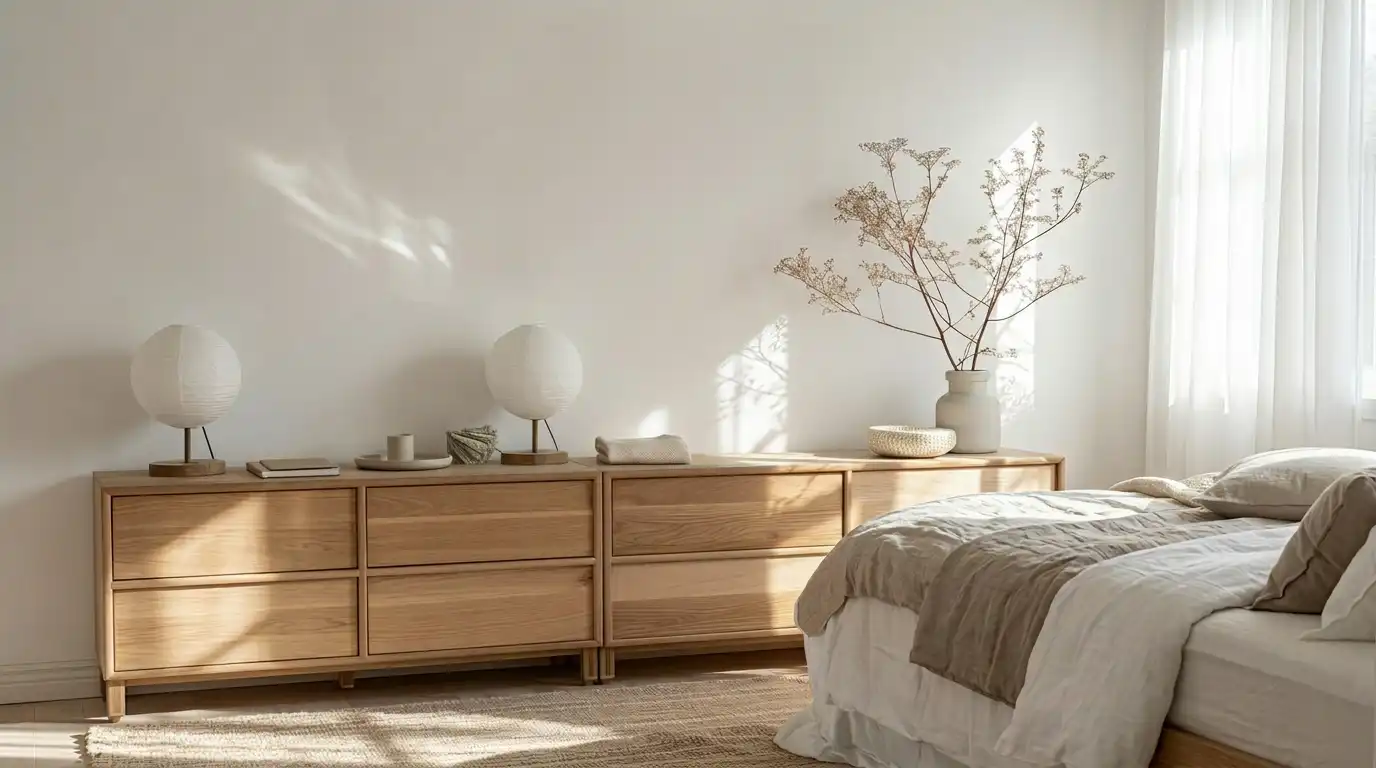 Светлая спальня с длинным дубовым комодом, парными бумажными лампами и сухоцветами