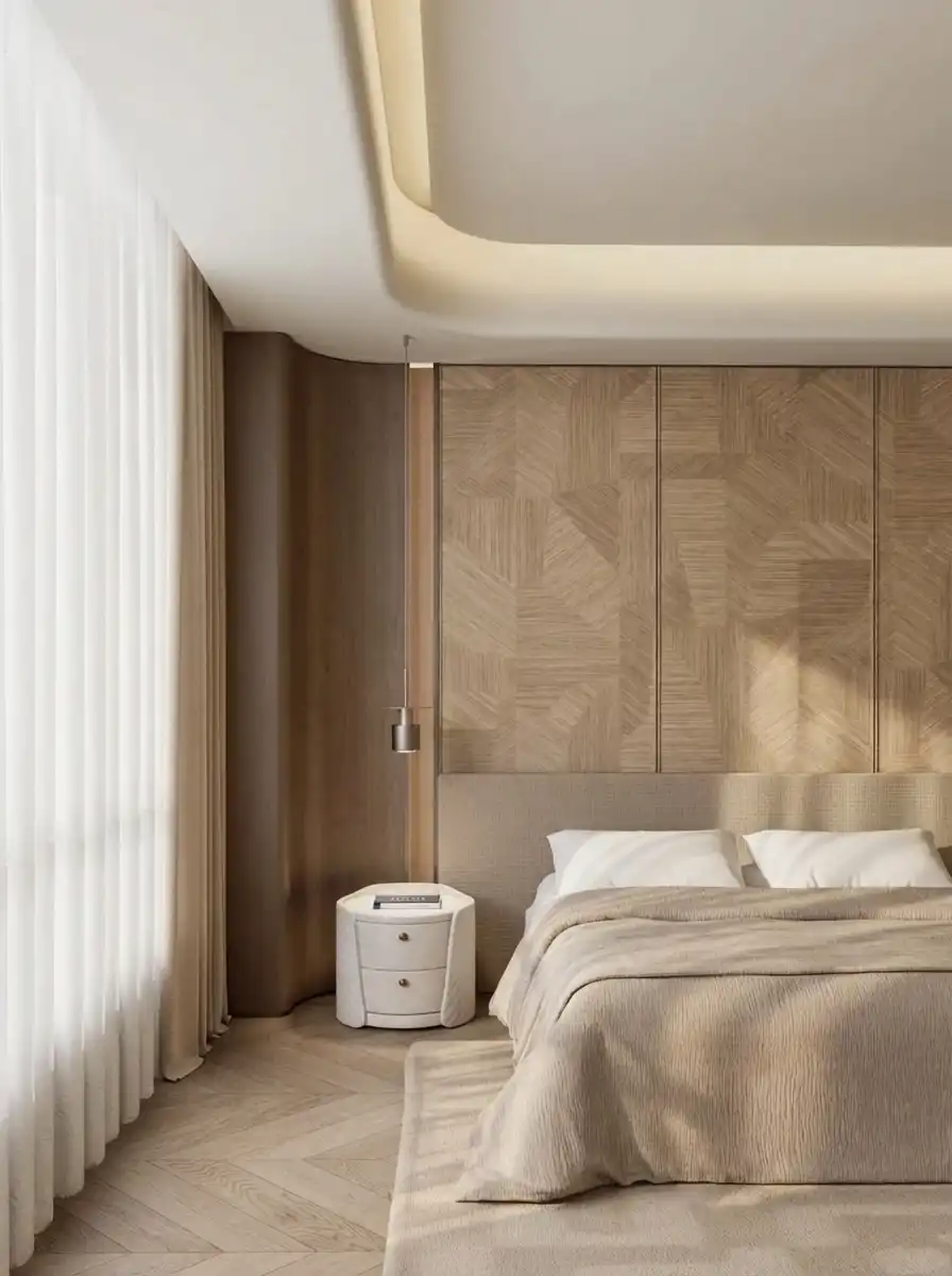Спальня с геометрическими деревянными панелями за изголовьем и скруглённым потолком с подсветкой