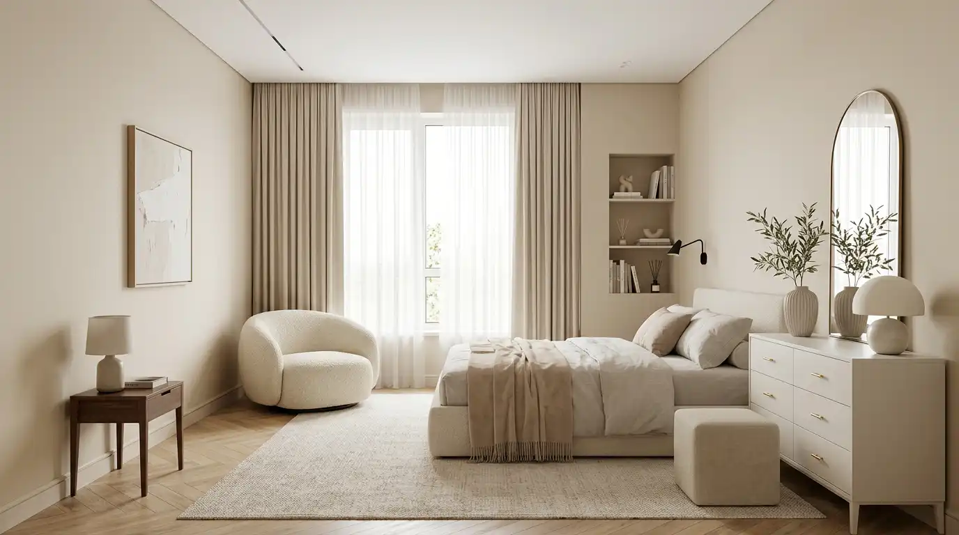 Бежевая спальня с креслом букле, белым комодом и арочным зеркалом