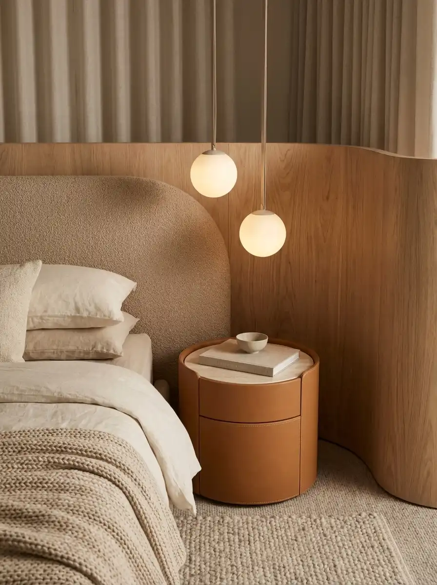 Просторная спальня с кроватью на пьедестале, светильником-грибком и тёмной деревянной панелью за изголовьем