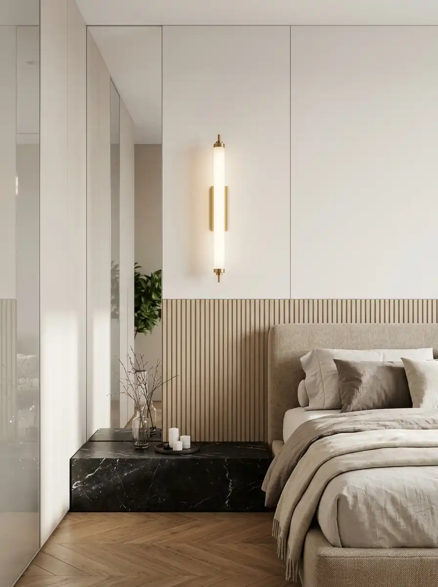 Светлая спальня с деревянными рейками, напольным зеркалом и чёрной мраморной тумбой