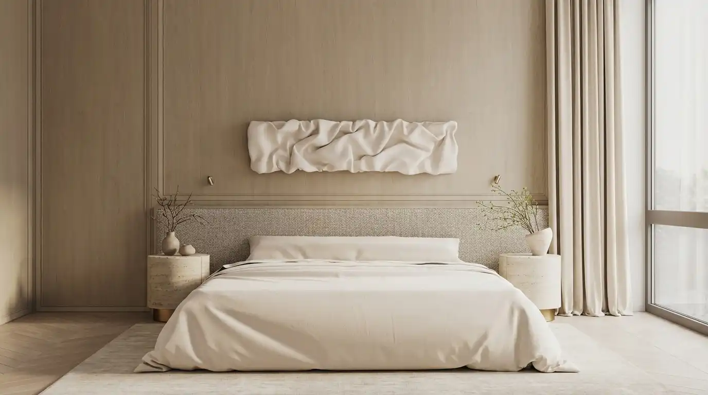 Светлая спальня с кроватью-платформой из светлого дерева, ковром и плоским потолочным светильником