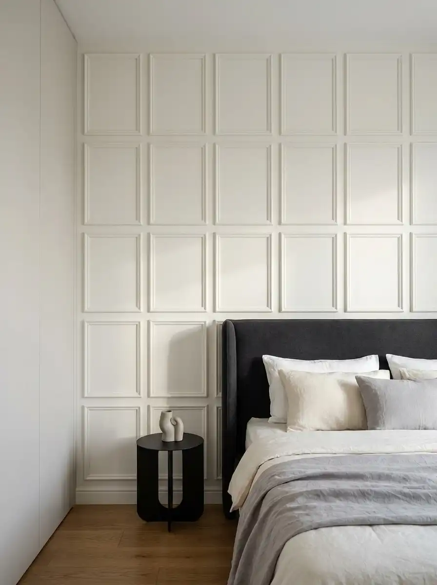 Светлая спальня с белыми молдингами, тёмным текстильным изголовьем и льняным бельём