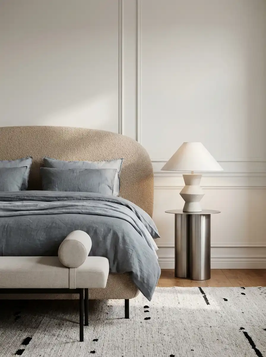 Светлая спальня со стеклянными подвесными светильниками, текстурной стеной и оливковым текстилем