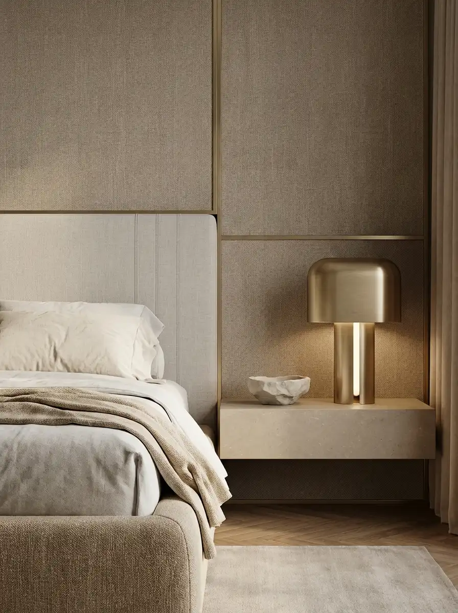 Деталь спальни — тканевые панели с латунными молдингами, латунная лампа и каменная тумба